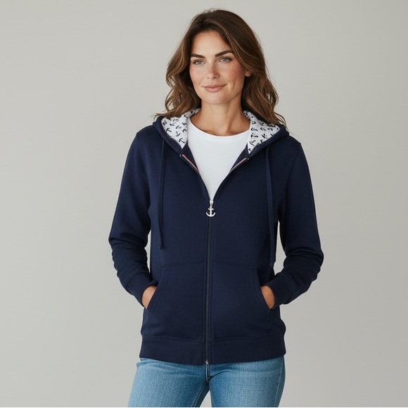 Intapop Women’s Navy Zip Up Hoodie w/ Anchor Lining XL/XXL Nautical Sweatshirt - Picture 1 of 7